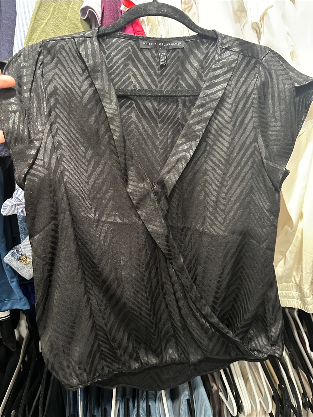 White House Black Market Black Sheer Chevron Wrap Blouse